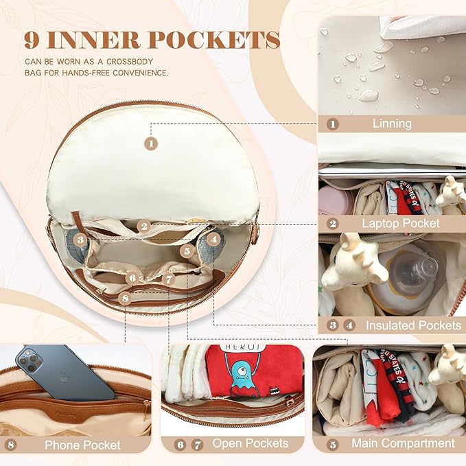 miss fong Diaper Bag Backpack Baby Diaper Bag, Large Leather Diaper Bag Backpack with Changing Pad,Pañaleras Para Bebe for Moms, Stroller Straps, and 2 Insulated Pockets(Convertible, Brown)