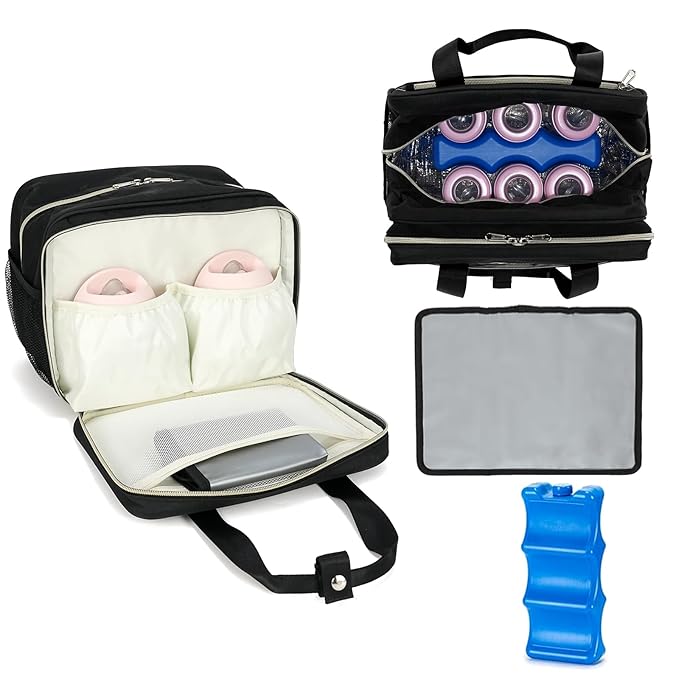 Breast Milk Cooler Bag with Ice Pack,Fits 6 Baby Bottles Up to 9 Ounce Breast Milk Cooler Travel Bag Compatible with Wearable Breast Pumps & Accessories for Nursing Mom Daycare Black
