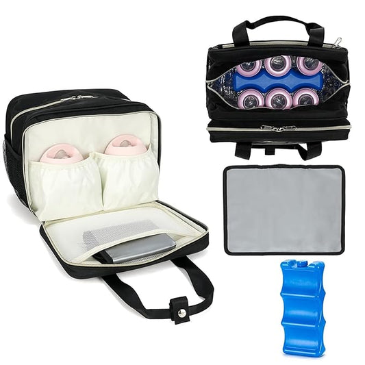 Breast Milk Cooler Bag with Ice Pack,Fits 6 Baby Bottles Up to 9 Ounce Breast Milk Cooler Travel Bag Compatible with Wearable Breast Pumps & Accessories for Nursing Mom Daycare Black