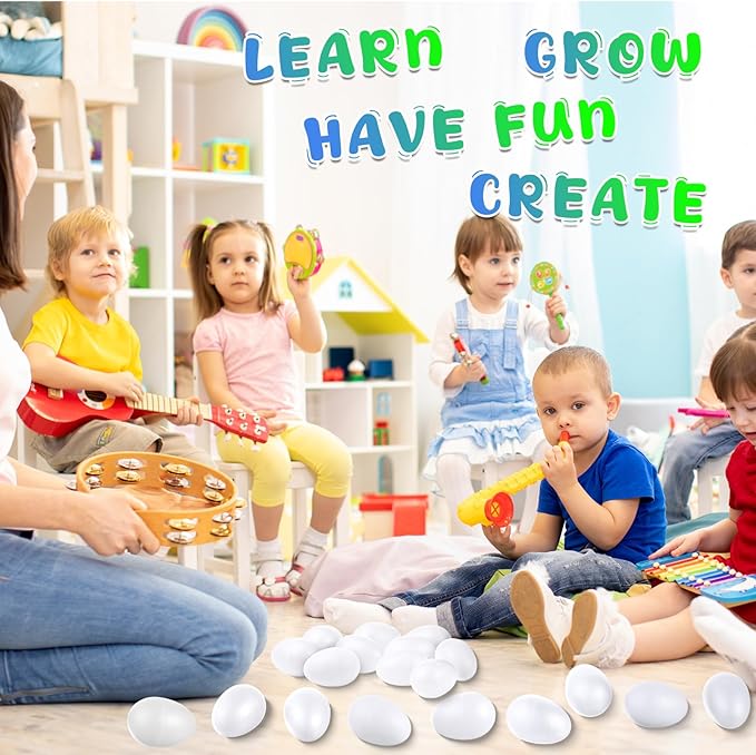 Yeshone 100 Pieces Egg Shakers Musical Instruments Percussion Maracas Egg for Kids Toys Plastic Easter Shaker for Learning DIY Painting, Classroom Music, Rhythm(White)