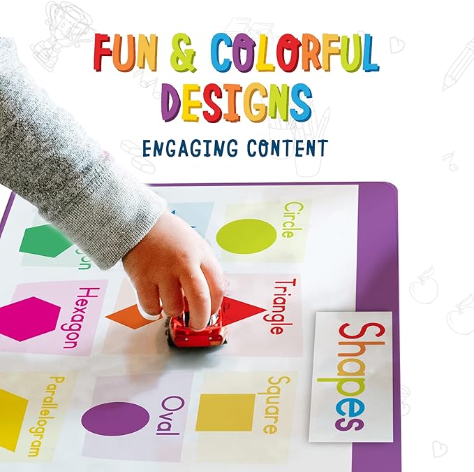 merka Silicone Learning Placemats for Toddlers - 4-Pack, 17 x 11 in, Multicolor - Reusable & Washable Mealtime Mats with Spill-Resistant Backing, Letters, Numbers, Shapes & Colors