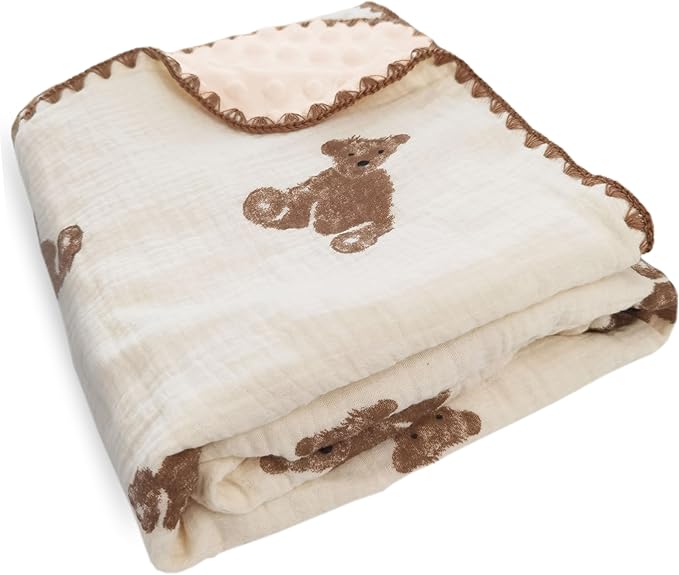 Baby Blanket Double Layer Cotton Muslin Thick Quilt Neutral 40x40Inch Soft Throw Blanket Bear Pattern
