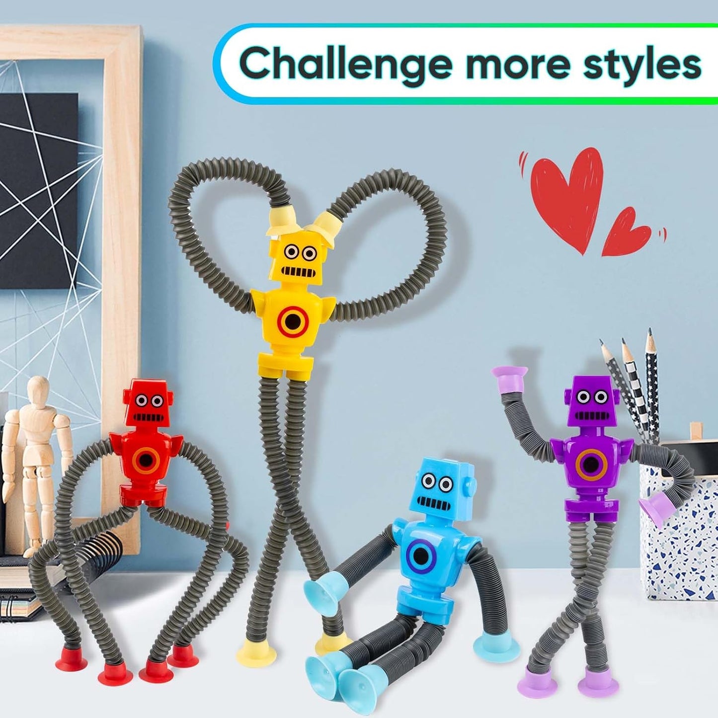 12 Pack Telescopic Suction Cup Robot Toy Shape Changing Pop Tube Robot Fidget Toys Autism Pop Tubes Sensory Toys for Kids Age 3-6 Party Favors Boy Girl Gifts