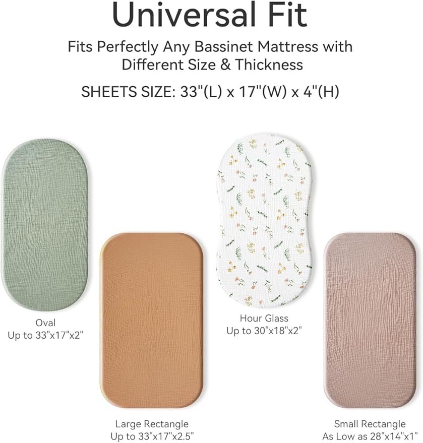 TILLYOU Muslin Bassinet Sheets for Baby Boys Girls 3 Pack, Soft Breathable Elastic Cotton Bassinet Mattress Sheets, Fit Hourglass Oval Rectangle Cradle Mattress, 33"X17",Daisy