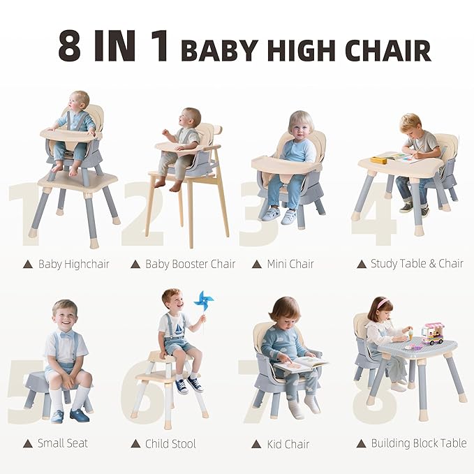 8 in 1 Baby Highchair, Convertible High Chair for Babies and Toddlers, Booster Seat w/5-Point Safety Belt, Toddler Building Block Table, Dishwasher Safe Tray, No Tool Install, Coffee