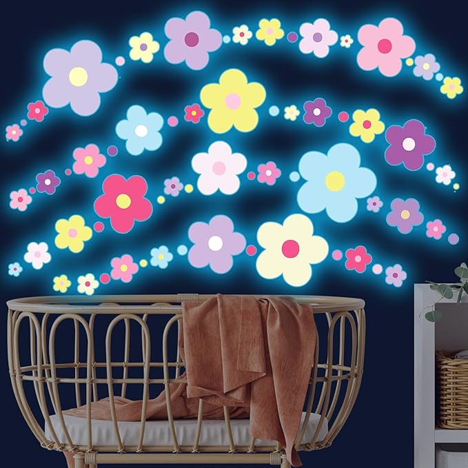 Glow in The Dark Y2k Cute Flowers Wall Decals，Glowing Luminous Colorful Floral Wall Stickers Colorful Removable self-Adhesive Preppy Hippie Stickers for Girls Bedroom (Lovely Color)