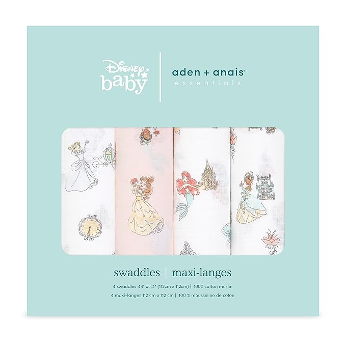 aden + anais Essentials Muslin Swaddle Blankets, Newborn Receiving Blanket for Swaddling, 100% Cotton Baby Swaddle Wrap, 4 Pack, Disney Princess