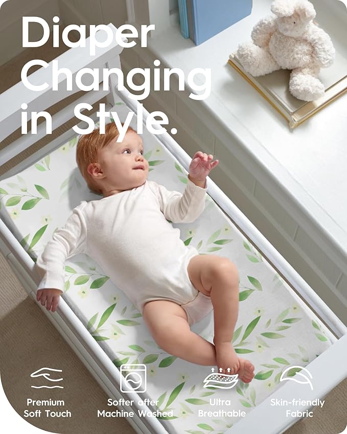 Changing Pad Cover for Girls Boys, TotBasic Premium Soft Boho Changing Table Covers, Stretchy Jersey Changing Table Sheets - Fits All Standard Changing Tables - 2 Pack (Sage Green&Botanical Leaf)