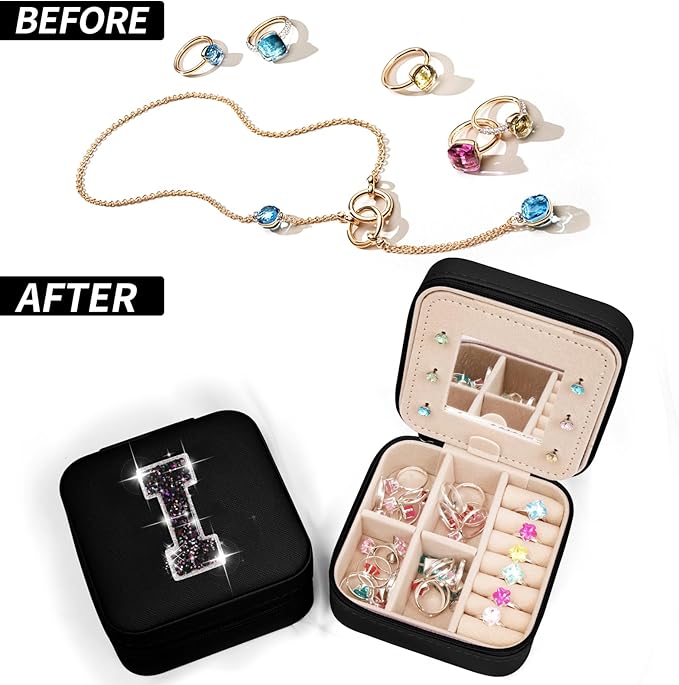 Personalized Jewelry Case for Women Girls - Fashion Mini Jewelry Boxes - Trendy Travel Jewelry Organizer with Initials Letter - Teen Gifts | Black,I