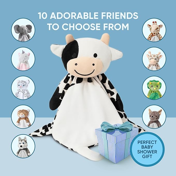 Baby Sleep Soother Black & White Cow Plush with Heartbeat & Lullaby Sounds, 4-in-1 Sound Machine, Security Blanket & Pacifier Holder, Baby Registry Essential & Christmas Gift for Newborns & Infants