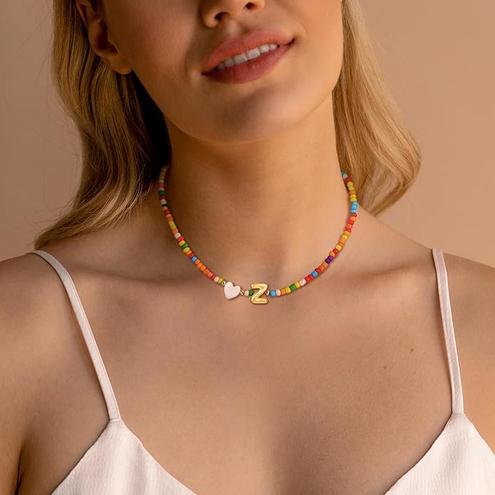 Colorful Initial Necklaces for Girls Women, 14K Gold Plated Bubble Initial Pendant Heart Shell Necklace Jewelry Christmas Gifts for Teen Girls Kids
