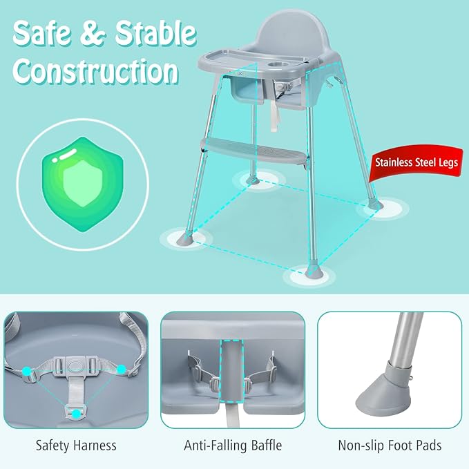BABY JOY Baby High Chair, 4 in 1 Convertible High Chair with Adjustable Legs, Double Removable Tray, Safety Harness & Footrest, for 6-36 Months Babies & Toddlers (Gray)