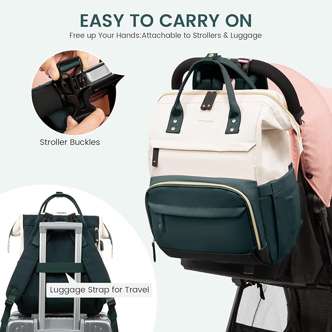 LOVEVOOK Diaper Bag Backpack, Baby Bag with Changing Station, Large Diaper Backpack for Moms Dads, Waterproof Leather Accents Baby Boy and Girl Bag for Travel Baby Essentials, Dark Green-Beige