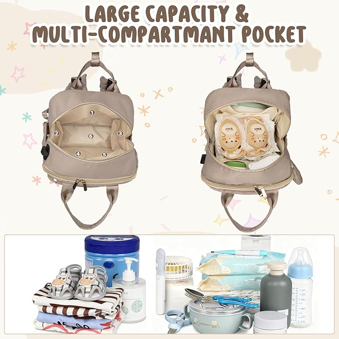 CandyHome Diaper Bag Backpack, Stylish Travel Baby Diaper Bags with Changing Pad, Insulated Pockets, Waterproof Baby Bag Converts into Tote Bag, Diaper Backpack, Stroller Bag (Khaki)