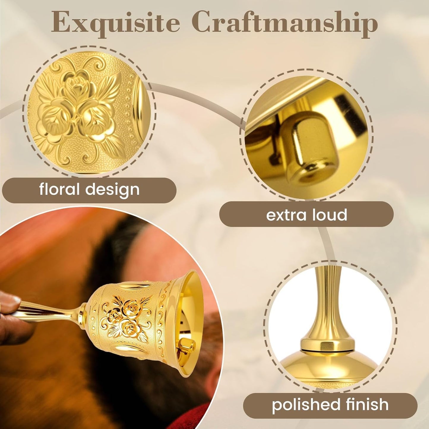 DomeStar Golden Hand Bell, Engraved Wedding, School, Christmas, Alarm and Bedridden Bell