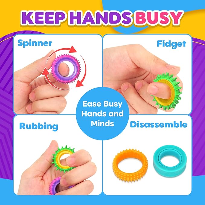 Fidget Toys Sensory Rings for Kids: 12 Pack Finger Spinner Rings - Texture Stress Toys for Kids Autism Calming - Fun Fidgets for Student Classroom Prize Stocking Stuffers