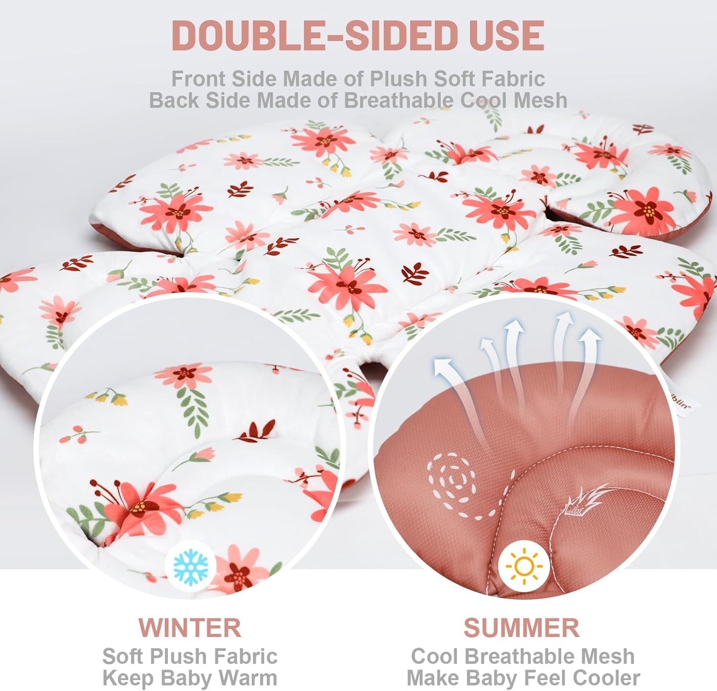 KAKIBLIN Infant Car Seat Insert, Baby Car Seat Cushion, Car Seat Head Support for Infant,Breathable Reversible Carseat Insert Support for Newborn Stroller, Baby Swing, Bassinets, Pushchair (Pink)