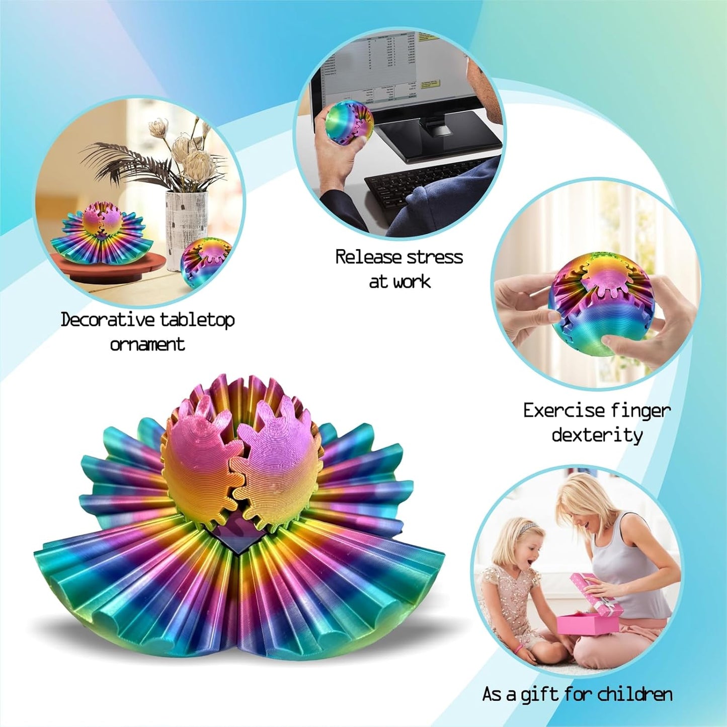 Gear Ball - GearSphere Fidget Toy, 3D Printed Gear Ball Spin Ball Cube Desk Toy, 2024 Gear Sphere Cube Puzzlefor Adults Kids, Stress and Anxiety Relaxing Fidget Toy (Iridescence)