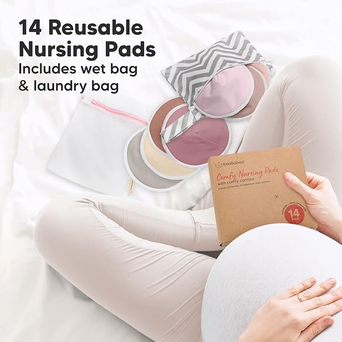 Organic Nursing Pads - 14 Washable Viscose Derived from Bamboo Breastfeeding Pads, Wash Bag, Reusable Breast Pads for Breastfeeding, Nipple Pads for Breastfeeding Essentials(Plum, L 4.8")