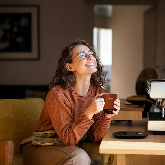 Temperature Control Smart Mug, Self Heating Coffee Mug LED Display, 180 Min Battery Life - Hot up to 149℉ Fast Wireless Charger Base Improved Design coffee serving sets (12oz, Orange)