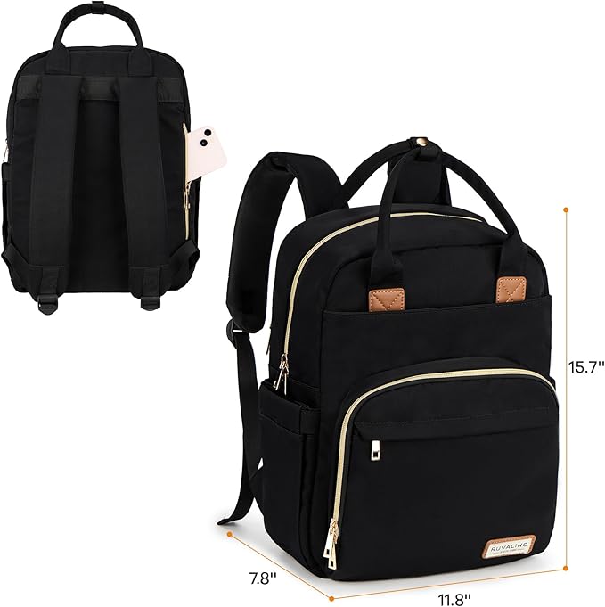RUVALINO Diaper Bag Backpack, Multifunction Travel Pack Maternity Baby Changing Bags, Large Capacity, Waterproof, Deep Black, Polyester