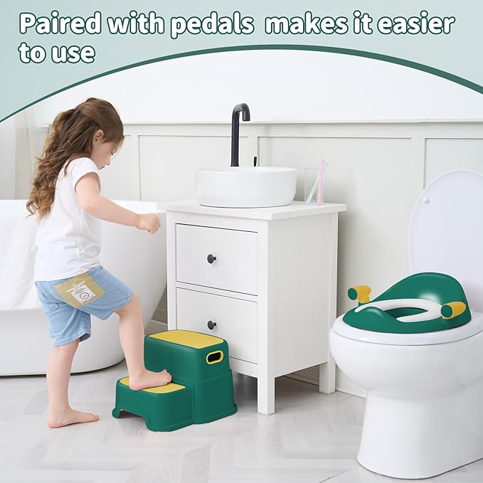Potty Training Toilet Seat with Kids Step Stool Anti-Slip Toddler Potty Seat with Soft Cushion, Baby Potty Training Set Toddlers Toilet Seat for Boys and Girls (Green)