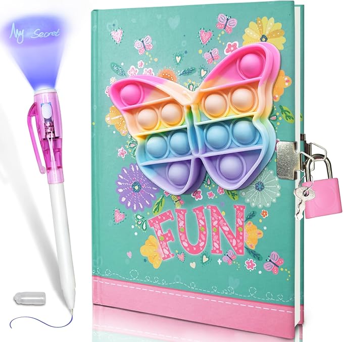 Pop Girls Diary with Lock and Invisible Ink Double-end Pen, 7.5x5.4 Inch 160 Lined Page Fidget Butterfly Girl Journal for Kids Secret Notebook Pen Set Birthday Gifts for Girls 5 6 7 8 9 10 Years Old