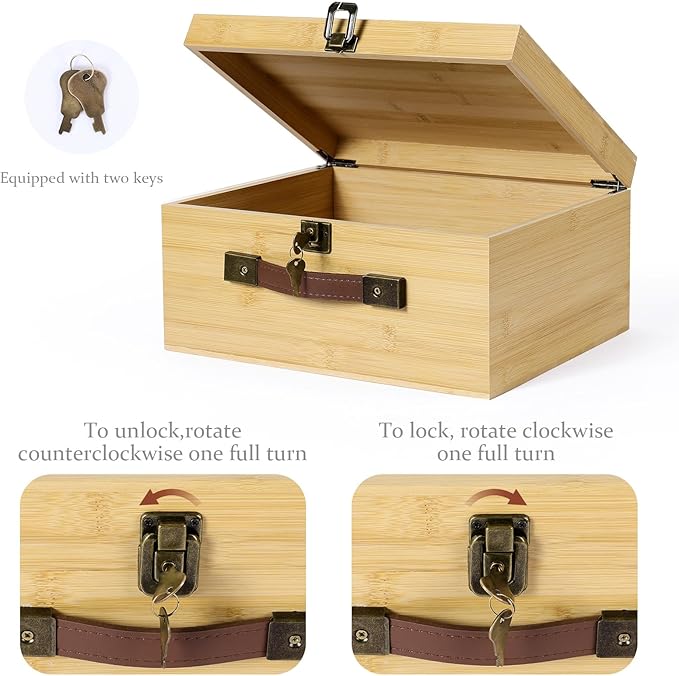 ANMINY Wooden Keepsake Memory Box with Locking Lid Bamboo Wood Storage Box with Hinged Lid & PU Leather Handles Large Decorative Wooden Chest Box for Crafts Stash Gifts - Natural, 12"L x 10"W x 6"H