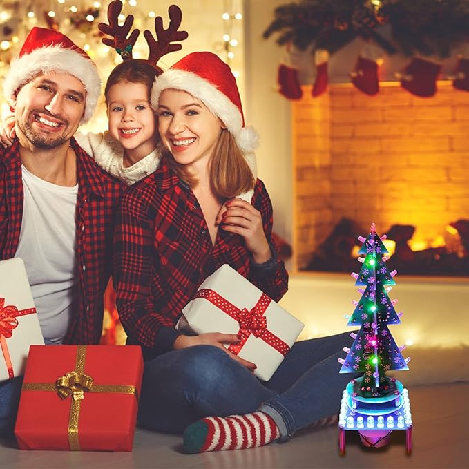 3D RGB LED Rotating Xmas Tree Soldering Kit, PEMENOL DIY Soldering Practice Kit Colorful Musical Christmas Tree Fun Electronic Project Kit for Christmas Decoration Home Family Friends