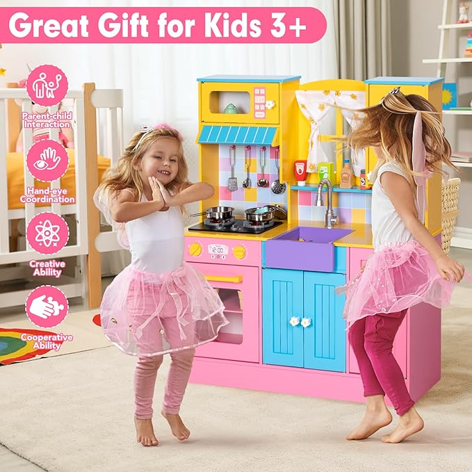 Kids Kitchen Playset, Wooden Pretend Play Kitchen for Kids w/Faucet, Sink, Stove, Oven, Curtains, Cookware, Storage Cabinets, Toddler Role Play Toy Kitchen Set Gift for Girls Boys Ages 3+