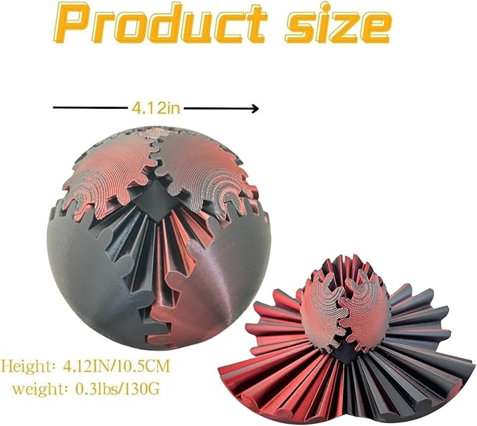 Gear Ball 3D Printed Spin Cube Fidget Toy, Sphere Stress Toy, GearSphere Desk Toy for Anxiety Relaxing (Laser Dark Red)