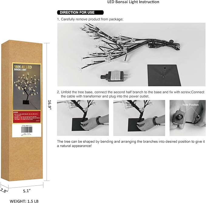 LIGHTSHARE 18 Inch Cherry Blossom Bonsai Tree, 48 LED Lights, 24V UL Listed Adapter Included, Metal Base, Warm White Lights, Ideal as Night Lights, Home Gift Idea
