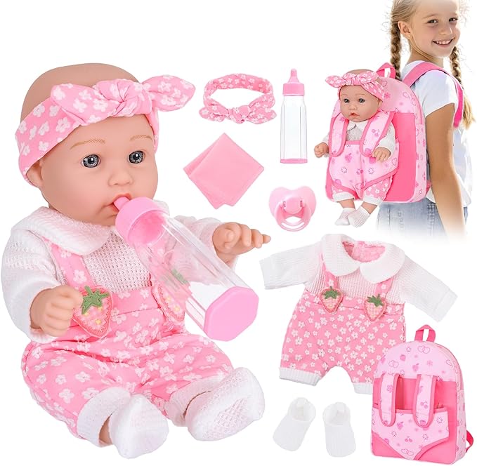 DONTNO 12" Baby Doll with Backpack Carrier in Gift Box,12 Inch Realistic Baby Dolls with Clothes and Accessories,Toy Pretend Play Collection for 3+ Child Girls Gifts