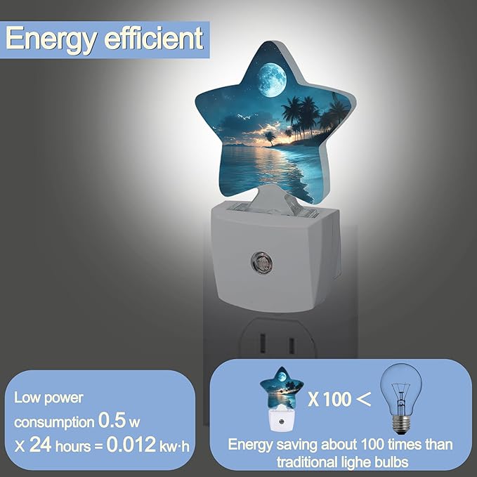 Moon Beach Night Light,Tropical Palm Tree Plug-in Star Night Lights with Dusk-to-Dawn Sensor for Bedroom,Bathroom,Living Room Sleep Friendly Lamp for Women Girls Boys Gift,0.5W