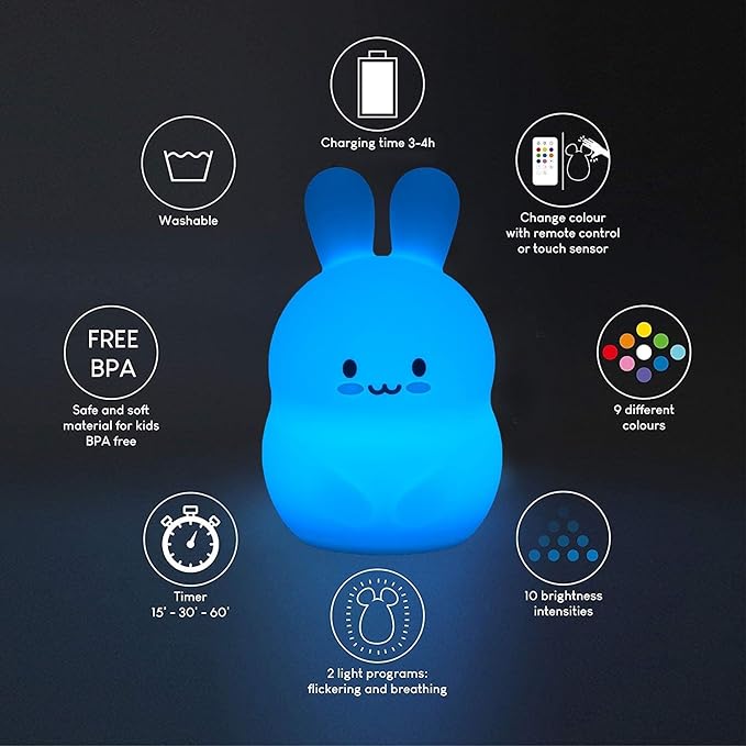 Large Rabbit Night Lights for Kids in Silicone, 9 Colors Baby Bedroom Lighting Children Bedside Table Lamps for Toddlers/Boys/Girls/Adults/Bedroom/Student/Elder/Bathroom/Outdoor - Large