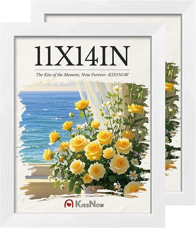 11x14 Picture Frame 2 Pack, White Solid Wood, Wall Gallery Poster Frame