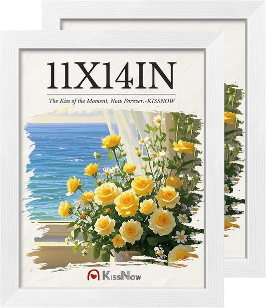 11x14 Picture Frame 2 Pack, White Solid Wood, Wall Gallery Poster Frame