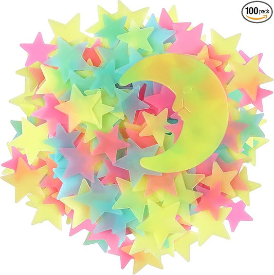 100 Pcs Colorful Glow in The Dark Luminous Stars and Moon Fluorescent Noctilucent Plastic Wall Stickers Murals Decals for Home Art Decor Ceiling Wall Decorate Kids Babys Bedroom Room Decorations