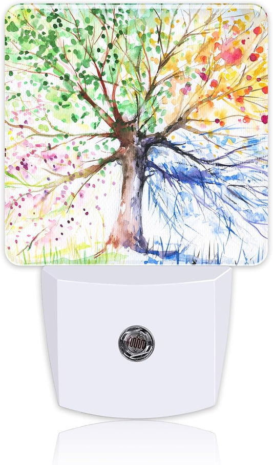 Night Light Plug into Wall Hand Painted Four Season Tree Night Light with Dusk to Dawn Sensor for Kid Girls Boys Women Men Room Decor, Hallway, Kitchen, Bathroom, Nursery, Stairs