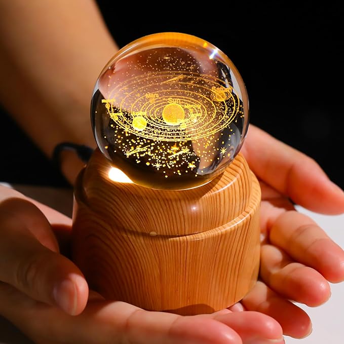 Ornalrist 3D Solar System 2.36“ Crystal Ball with Rotated Wood Bases, Space Decor Astronomy Gifts for Women Men Physics Enthusiasts Science Teacher Planet Lamp Universe Night Light