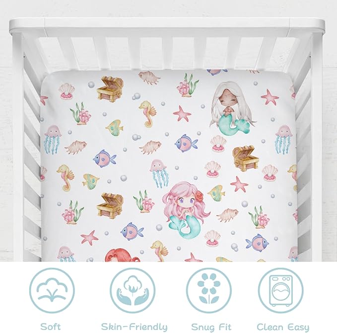 Watercolor Mermaids Baby Crib Sheets 52''x28'' Ocean Animals Fish Sea Horse Jellyfish Conch Coral Stretchy Fitted Crib Mattress Cover for Boy Girl Soft Bed Sheets for Standard Crib Toddler Mattress