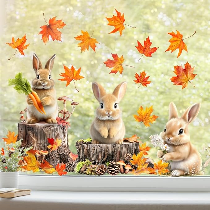 Maple Leaf Window Clings Fall Window Clings for Glass Windows Double-Sided Cute Rabbit Window Stickers for Glass Windows Decoration for Party Home Shop Decorations