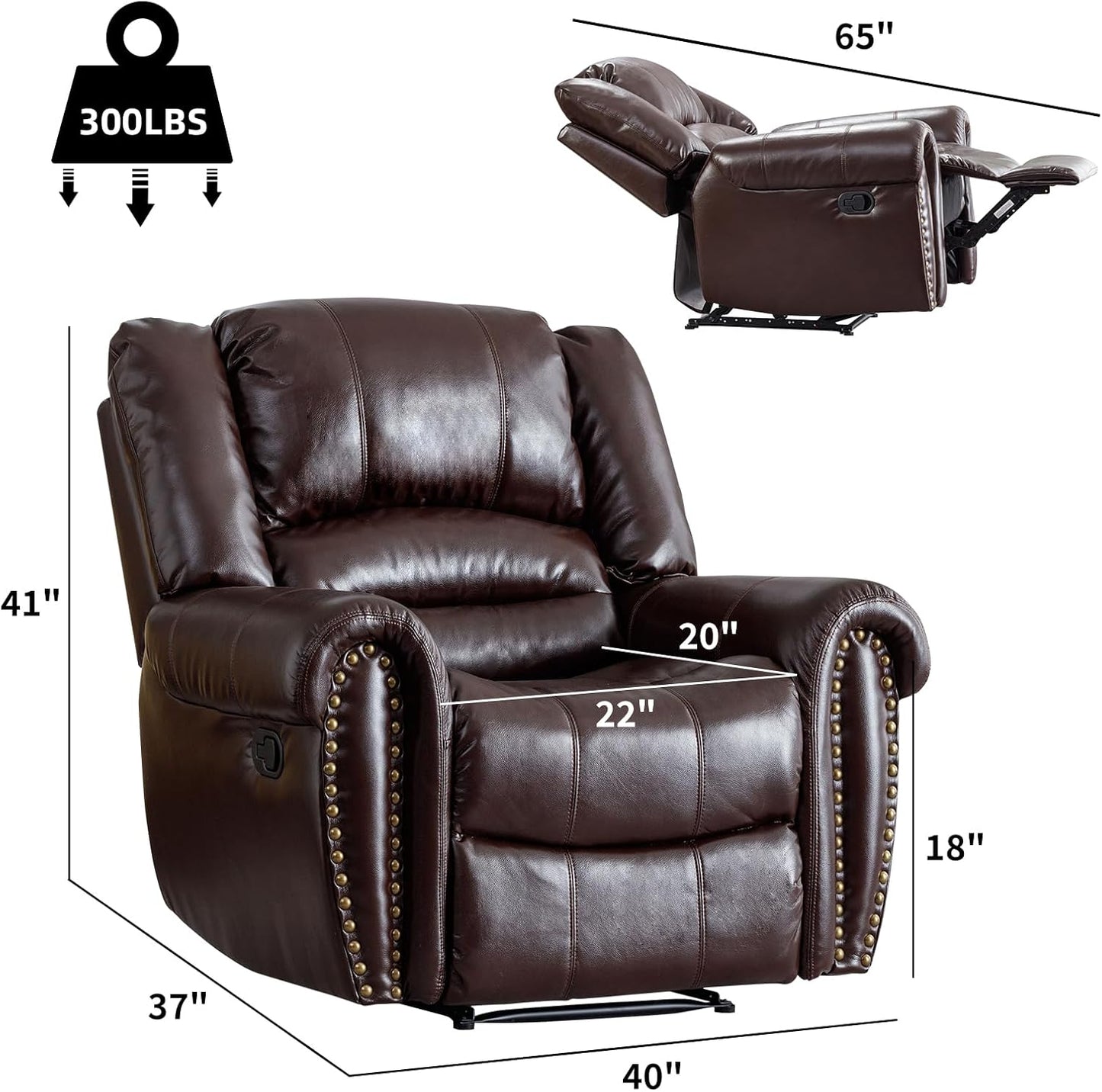 CANMOV Leather Recliner Chair Set of 2, Classic and Traditional Manual Recliner Chair with Comfortable Arms and Back,Manual Single Recliner Sofa for Living Room, Brown