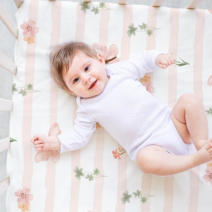 Nap Mat Sheet 47"x24", 3 Pack Pink Floral Baby Crib Sheets Fitted Elastic Corners, Preschool Day Care Rest Mat Cover, Soft Breathable - Compatible with Regalo My Cot, Joovy Travel Cot