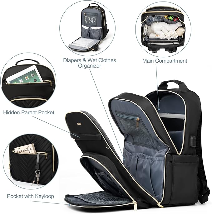 MOMUVO Diaper Bag Backpack, Quilted Baby Bag with Changing Pad & Stroller Straps & Pacifier Case, Large Travel Diaper Bags for Mom Dad, Black