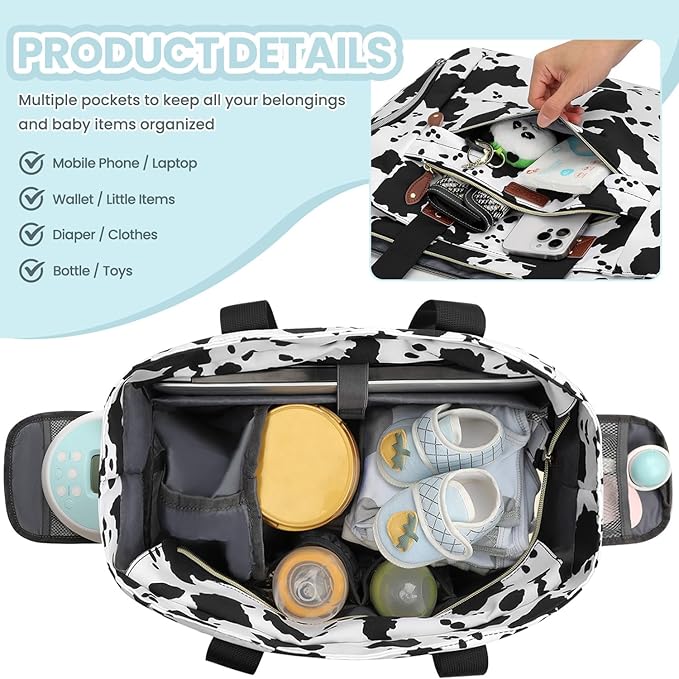 Diaper Bag Tote for Working Mom, Large Travel Diaper Tote for Mom and Dad with 14 Inch Laptop Sleeve, Mommy Maternity Travel Baby Bag for Boys and Girls, Cowprint