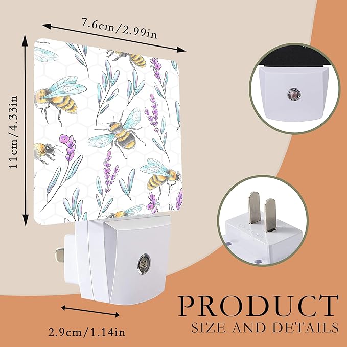 Night Light With Bees and Lavender Flowers - Dusk to Dawn Sensor for Kids, Girls, Boys, Women, Men - Room Decor for Hallway, Kitchen, Bathroom, Nursery, Stairs