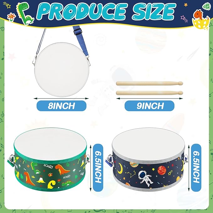 Boao 2 Pcs Kids Drum Set, 8 Inch Toddler Drum Wooden Toy with Adjustable Strap and 4 Drumsticks, Educational Sensory Musical Instrument for Toddlers Kid Baby Boys Girls Gift (Dinosaur,Space)