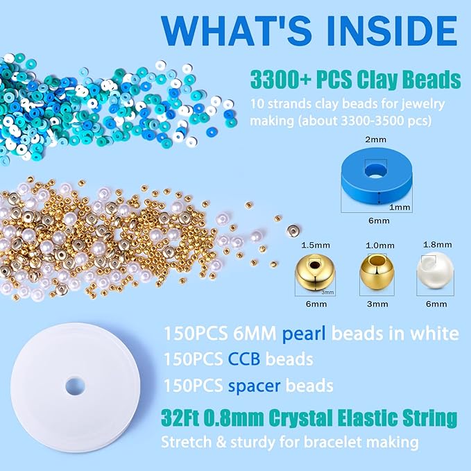 AceFun 3750PCS Clay Beads for Bracelets Making Polymer Clay Beads Kit with Pearl Beads Spacer Beads, Disc Heishi Beads Set for Jewelry Making Necklace Bracelet Earrings Finding, Blue Mixed