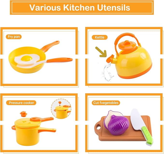118Pcs Mini Play Kitchen Accessories for Kids, Pretend Cooking Playset with Cookware, Tableware & 2 Fruit Sets, Learning Gift for Girls, Boys, Toddlers, Yellow